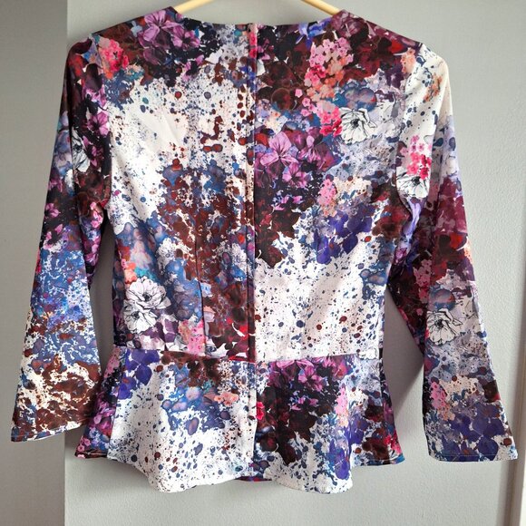 H&M Abstract Splattered Paint Floral Peplum Top - Picture 2 of 6